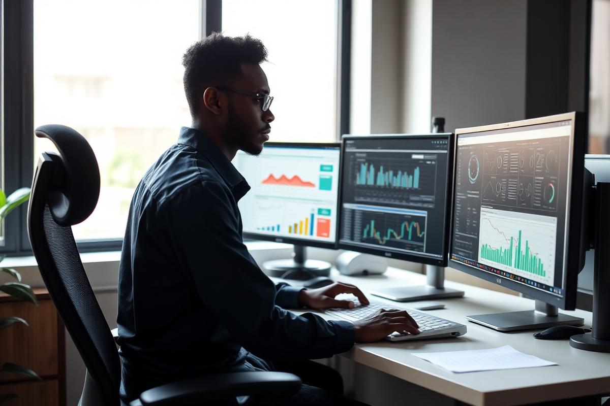 Trade analyst reviewing shipment dashboards on multiple monitors