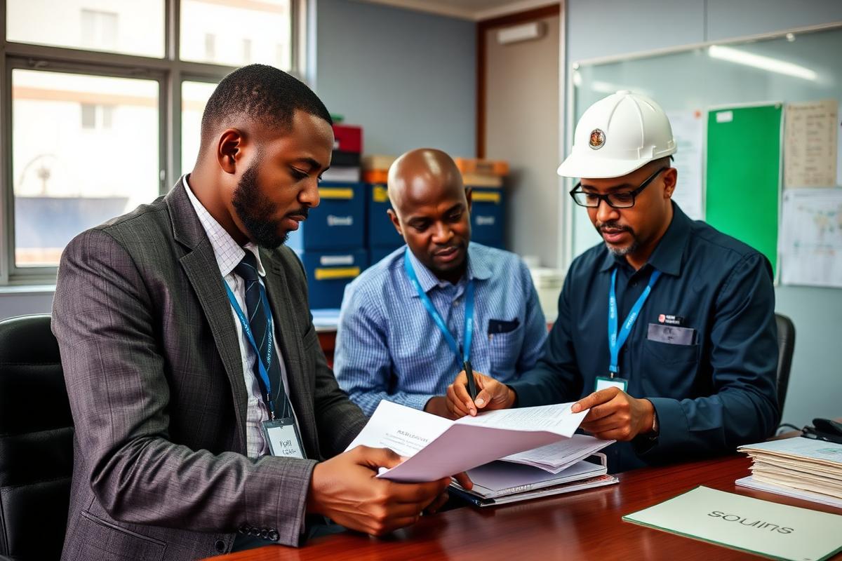 Customs officers and clearing agents reviewing shipping documentation